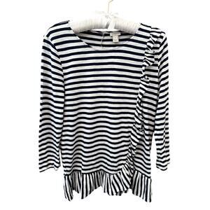 J.CREW | Navy White Striped Ruffle Hem Long Sleeve Top | Small
